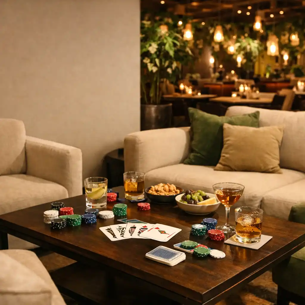 Neformální posezení u pokerového stolu s nápoji v Card Lounge