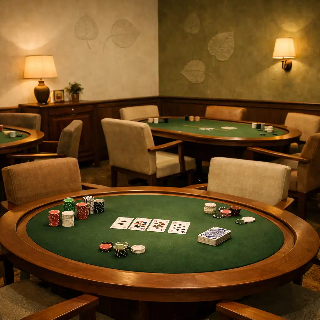 Interiér Card Lounge s dřevěnými pokerovými stoly, teplým osvětlením a botanickými motivy