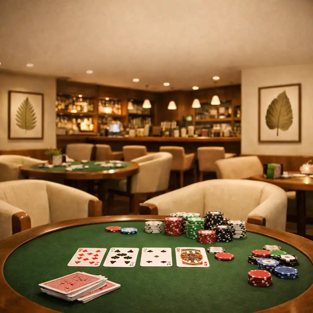 Card Lounge s menšími pokerovými stolky, pohodlnými křesly a barem v pozadí