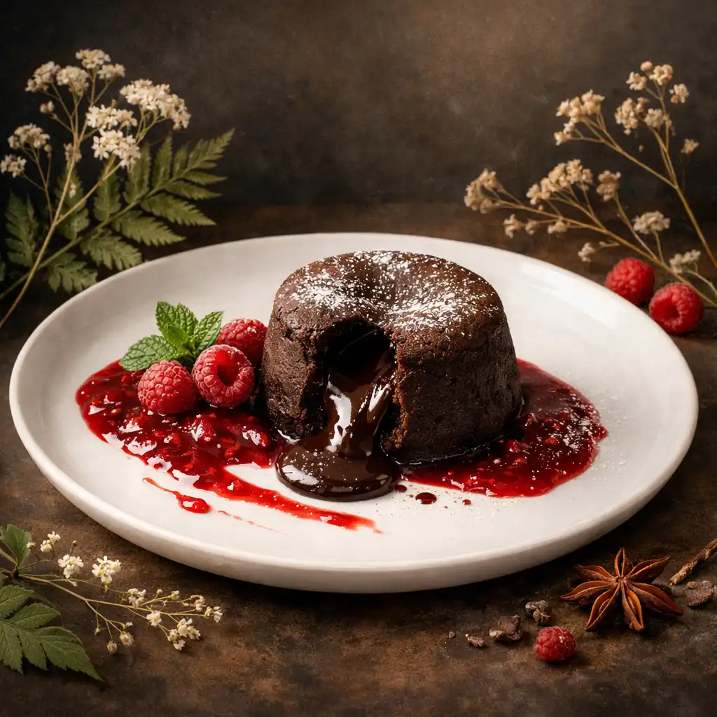 Čokoládový fondant s tekutým středem a malinovou omáčkou