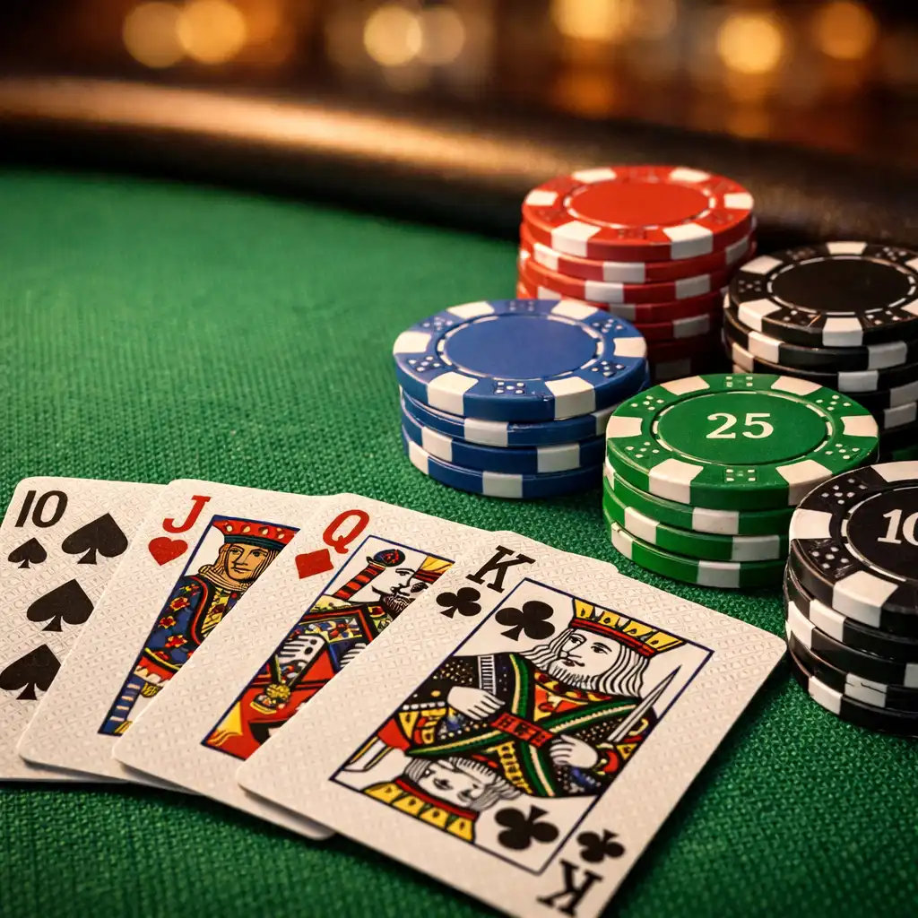 Detail fyzického pokerového stolu s rozloženými kartami a žetony
