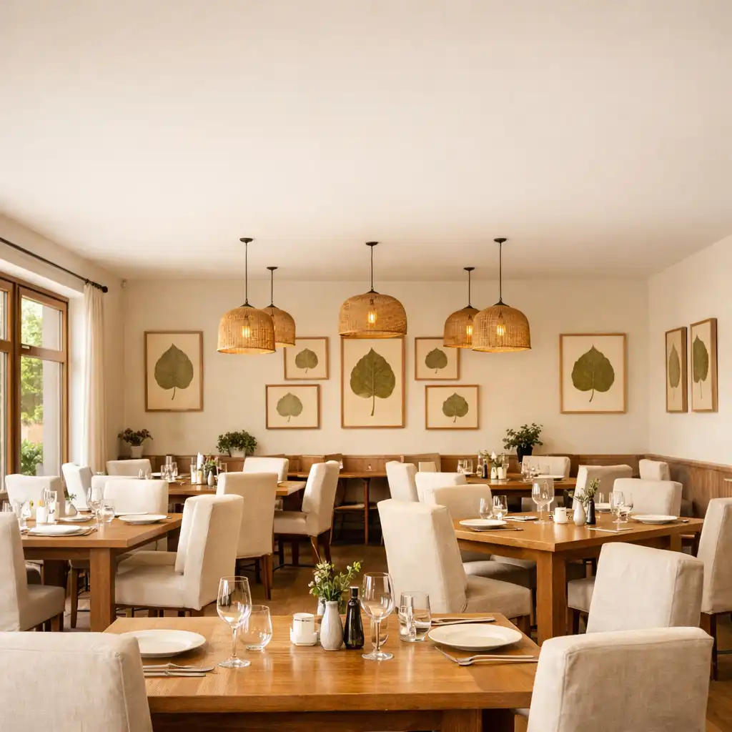 Širokoúhlý pohled na interiér restaurace Stůl Pod Lipou s dřevěnými stoly a zarámovanými lisovanými lipovými listy