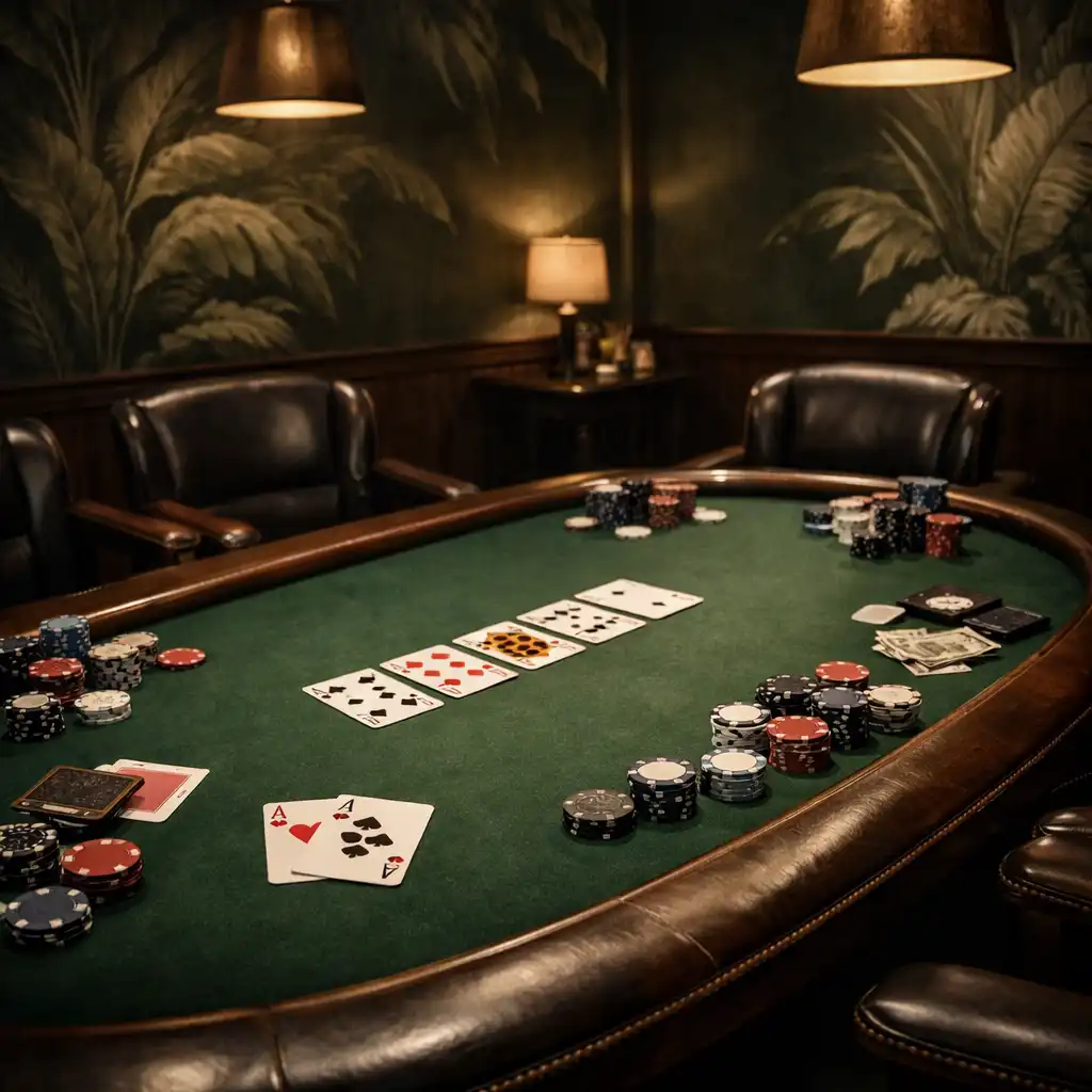 Pohled na Poker Room s fyzickým pokerovým stolem, kartami a žetony v tlumeném osvětlení