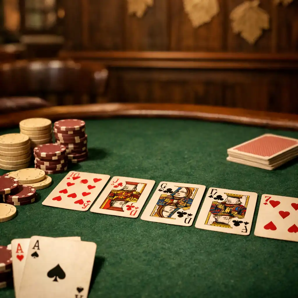 Detail pokerového stolu s kartami a žetony v teplém světle Poker Room