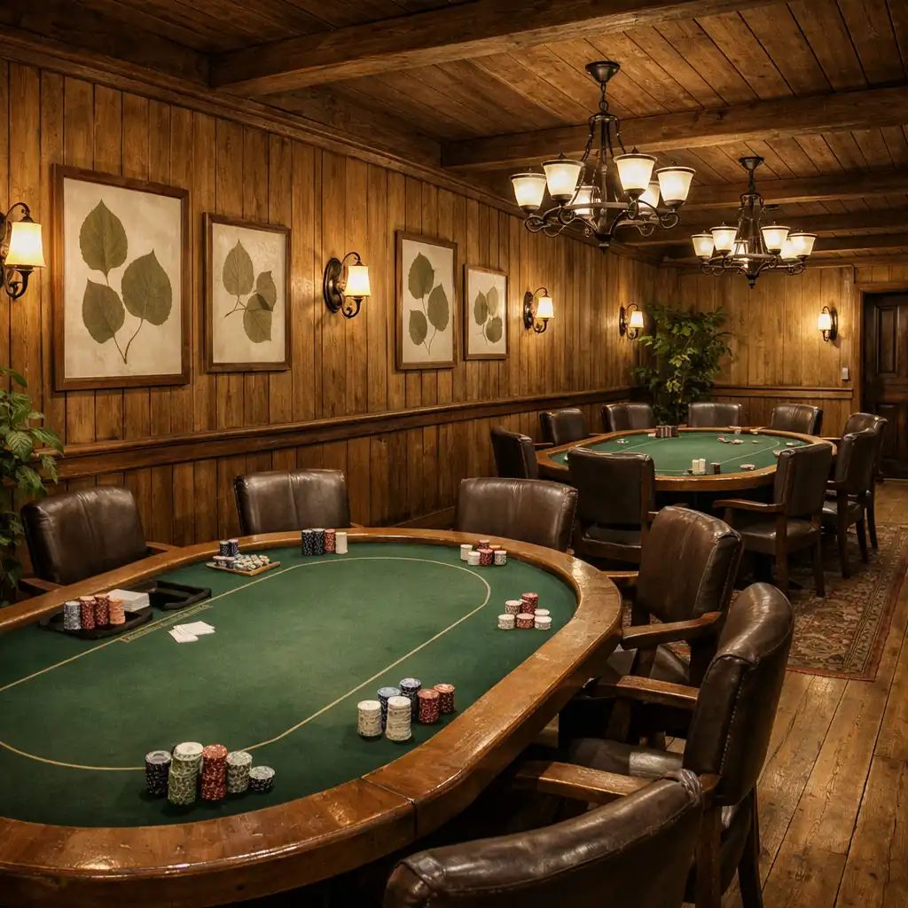 Interiér Poker Room se dvěma pokerovými stoly, dřevěným obložením a lisovanými lipovými listy v rámech