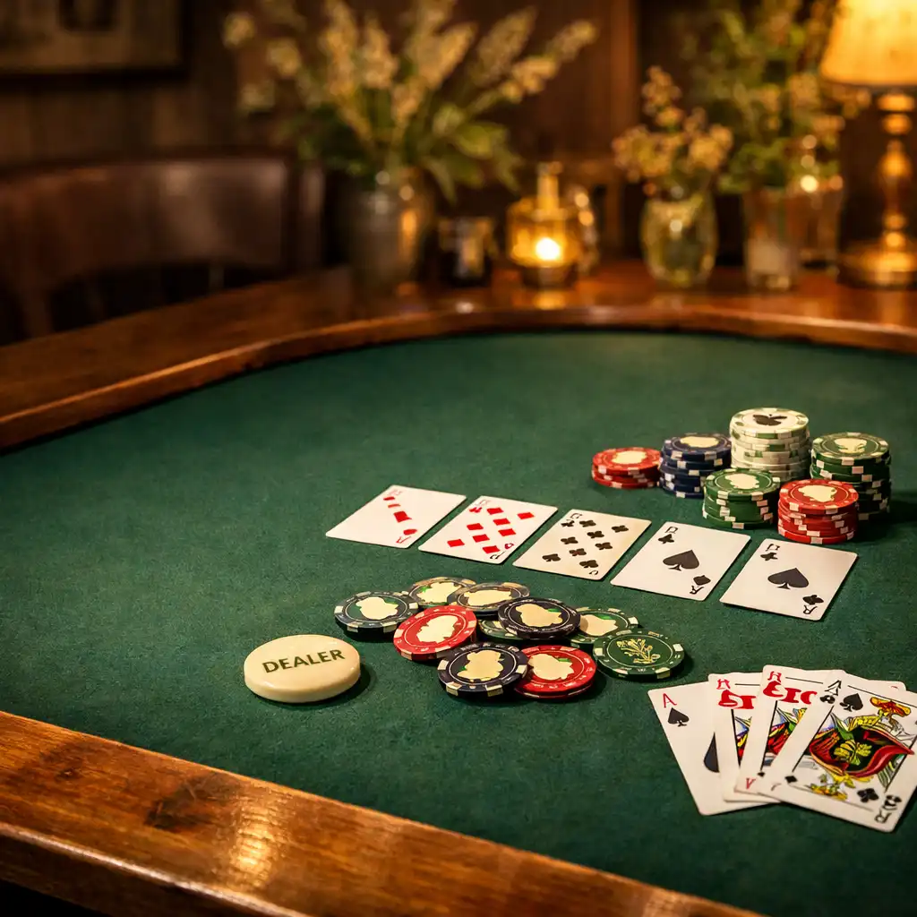 Pokerový stůl z masivního dřeva s tmavě zelenou plstí, kartami a žetony s motivem lipového listu v restauraci Stůl Pod Lipou