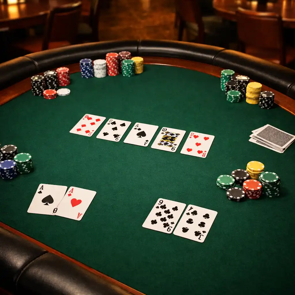 Profesionální pokerový stůl s látkovým potahem, kartami a keramickými žetony v Poker Room