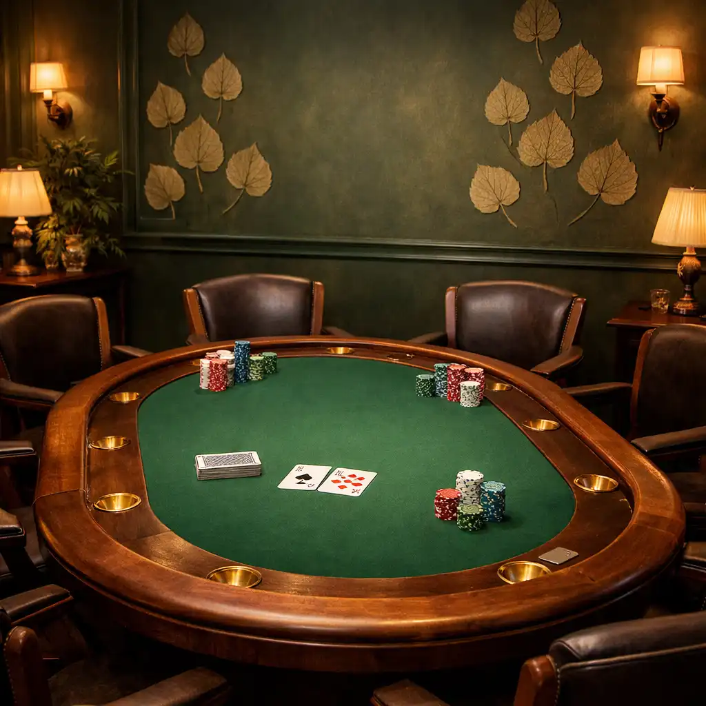 Interiér Poker Room s dřevěným pokerovým stolem, žetony a kartami pod teplým osvětlením